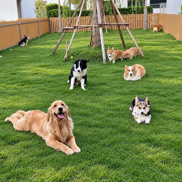 Dogs playing on the fenced lawn at The Park, around the wooden climbing frame
