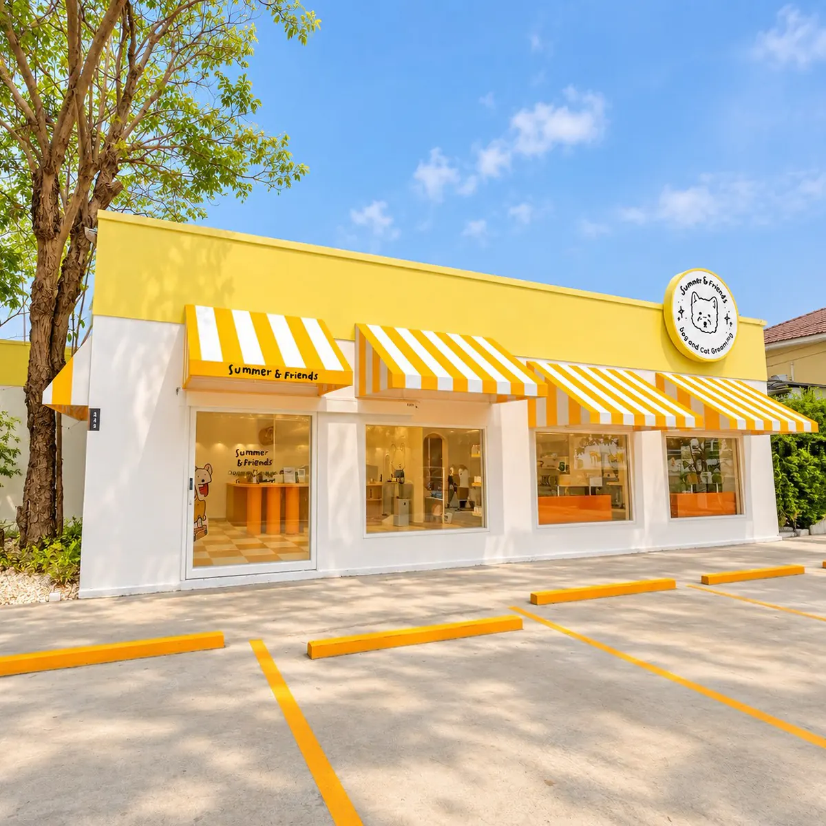 The Summer & Friends shopfront at The Park, with yellow and white striped awnings and the round Westie logo sign