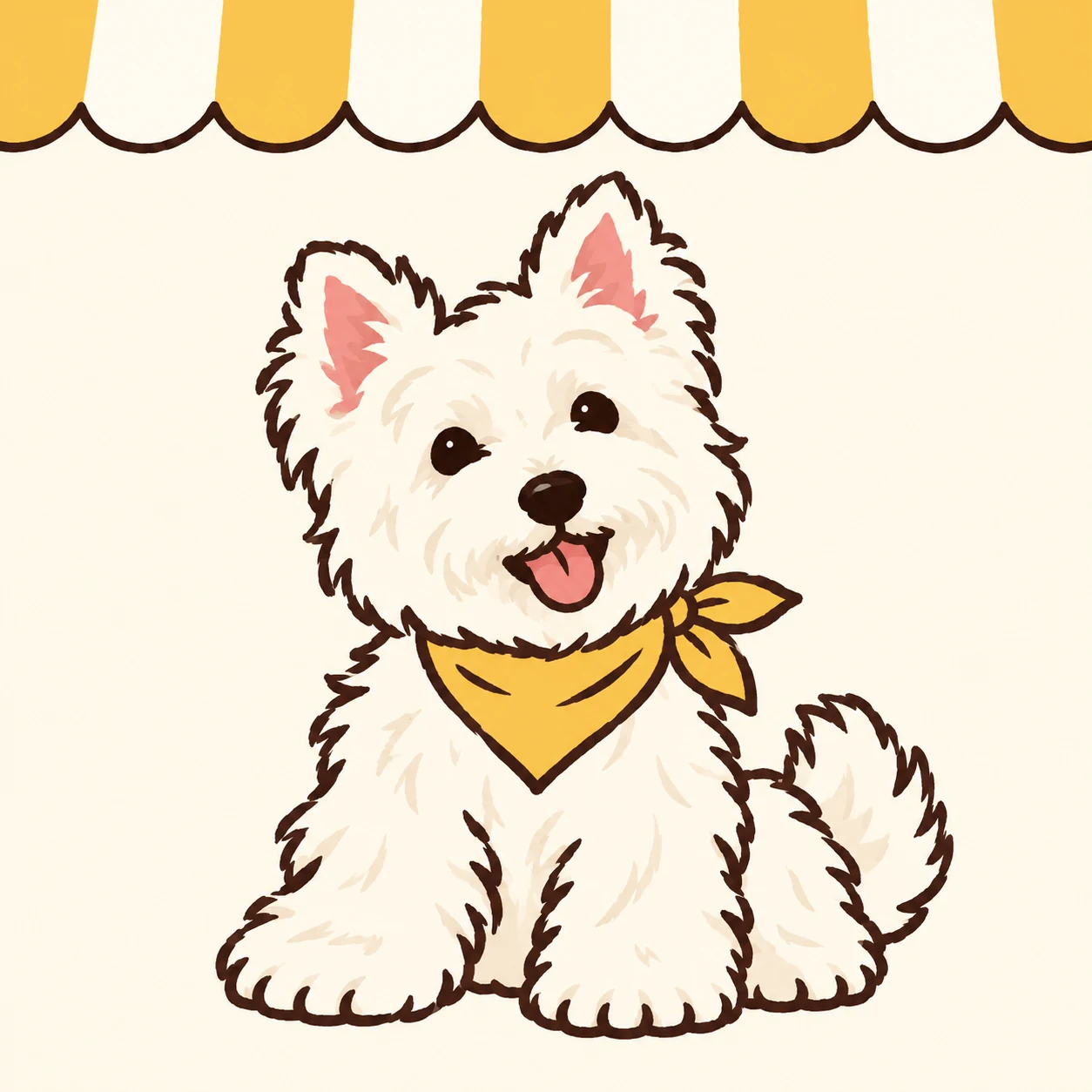 Illustration of Summer, a smiling West Highland white terrier in a yellow bandana, under a yellow and white striped awning