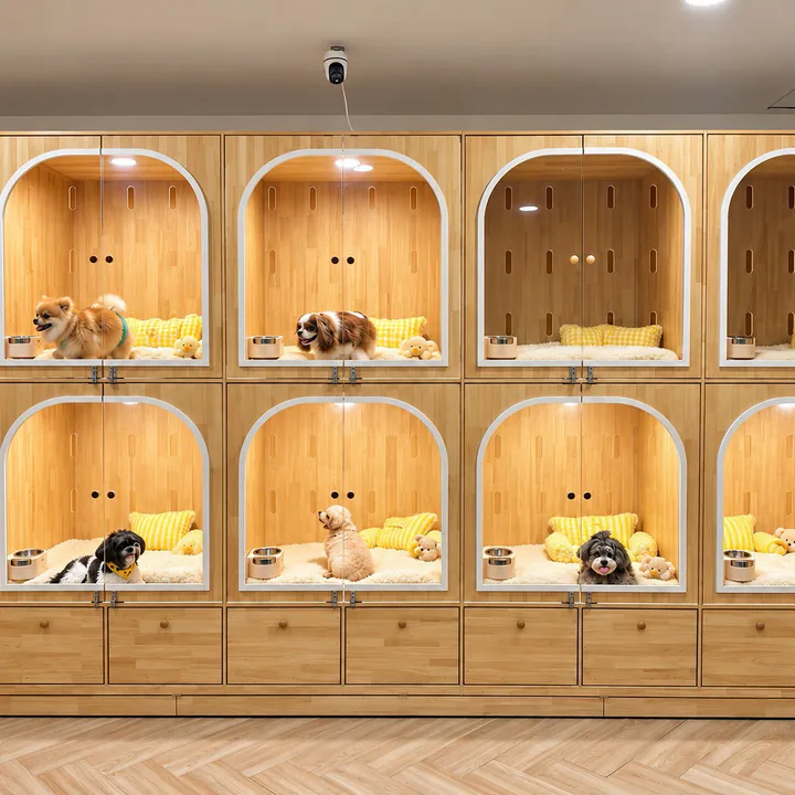 Dogs resting in the hotel's wooden rooms, each with an arched window, a bed and bowls