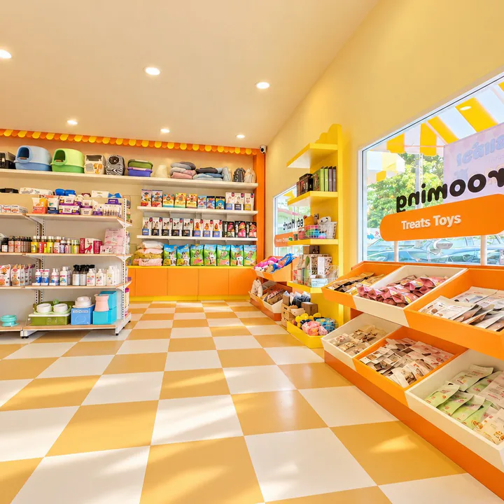 The pet mart at The Park: shelves of food, treats and toys, on a yellow and white checkered floor